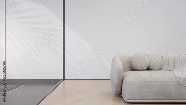 Fototapeta Minimalist living room with soft modern sofa and pillows in neutral tones. 3d rendering of bright interior space with natural light.