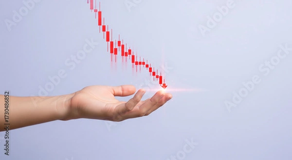 Obraz Businessman's hand supporting a declining red stock market graph, a metaphor for financial crisis intervention and preventing business loss