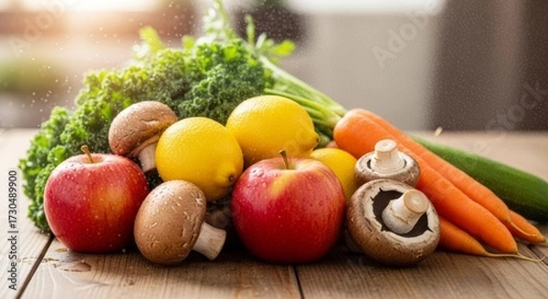 Fototapeta A close-up of a vibrant and diverse collection of fresh produce—apples, lemons, mushrooms, and greens—on a wooden surface, with bright, natural sunlight and misting water.
