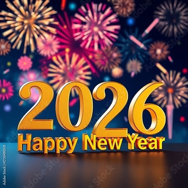 Fototapeta 2026 Happy New Year" in glowing neon lights with a futuristic cityscape background