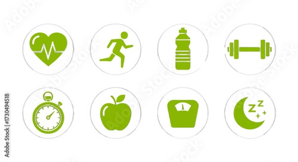 Fototapeta Vibrant icons showcasing heart health, running, hydration, strength training, timing, nutrition, weight management, and restful sleep for a healthy lifestyle.