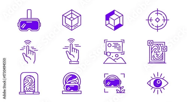 Fototapeta Explore futuristic technology and innovation with icons for virtual reality, augmented reality, biometrics, and digital interaction, perfect for modern tech concepts.