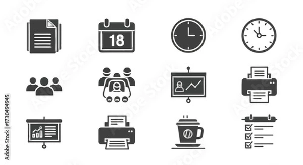 Fototapeta Business icons perfect for presentations, meetings, deadlines, and office tasks, including documents, calendars, clocks, teamwork, and coffee, all in a clean, modern style