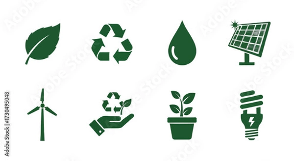 Fototapeta Sustainable energy icons representing environmental conservation, renewable resources, and eco-friendly solutions for a greener future