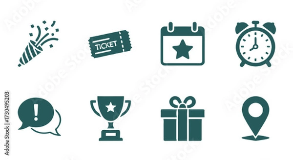 Fototapeta Celebrate Events with These Icons of Party, Ticket, Calendar, Clock, Speech Bubble, Trophy, Gift, and Location Pin for Your Designs