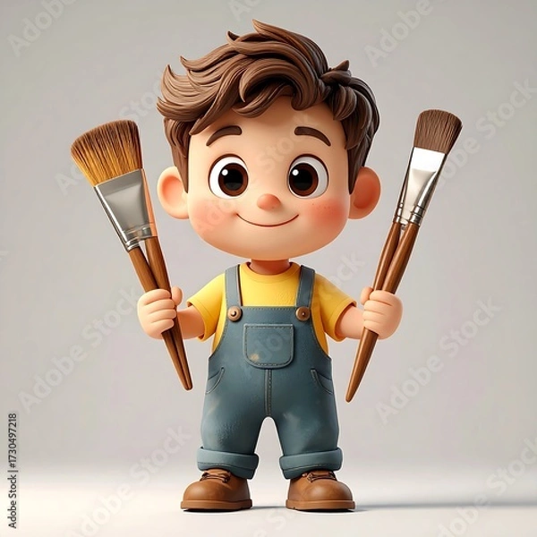 Obraz Cute Cartoon Boy Holding Paintbrushes.