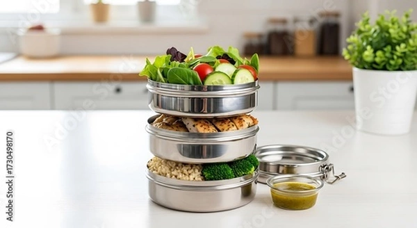 Obraz Healthy stacked food containers for fresh meal prep and on-the-go lunches.