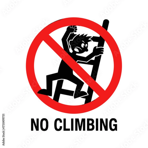 Obraz No Climbing warning sign with a silhouette of a person struggling on a ladder, indicating danger and prohibition.