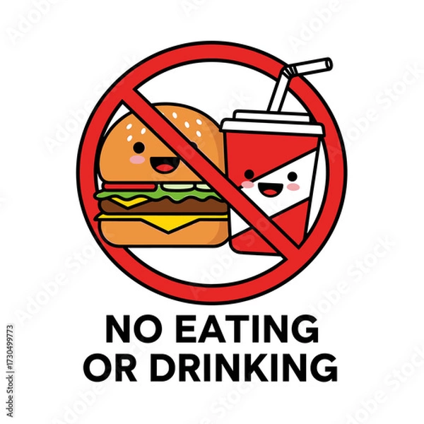 Fototapeta No eating or drinking sign with cartoon burger and soda.