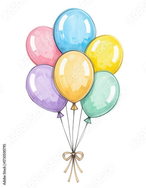 Fototapeta Hand-drawn style illustration of a bunch of pastel party balloons tied with a ribbon, isolated on transparent background