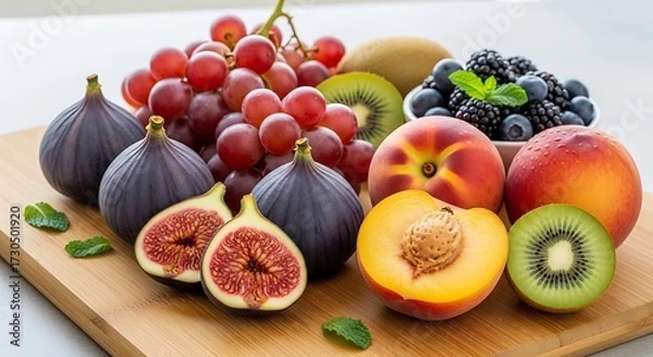 Obraz Vibrant assortment of fresh ripe fruits including figs grapes peaches and blueberries displayed artistically.