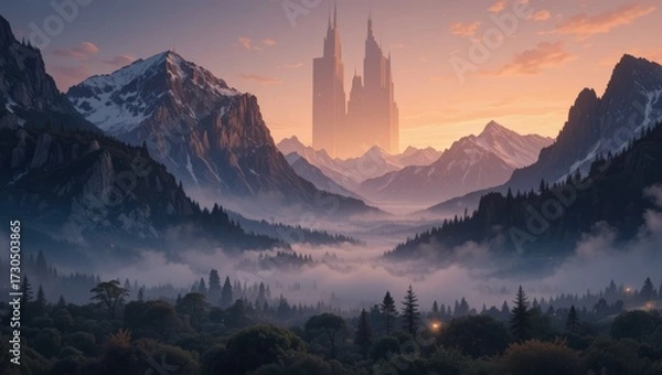 Fototapeta Majestic Mountain Landscape at Sunset with Misty Valley and Towering Architectural Structures