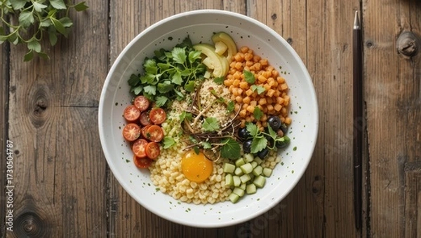 Fototapeta Colorful Healthy Salad Bowl Featuring Quinoa, Fresh Vegetables, and a Poached Egg on Wooden Table