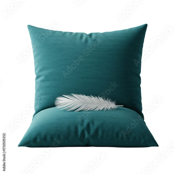 Fototapeta A solid teal velvet throw pillow, elegantly folded, with a delicate white feather resting atop, isolated on a seamless transparent studio background with high-key lighting, luxury product concept