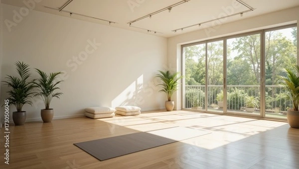 Fototapeta Spacious and Serene Yoga Studio with Natural Light and Indoor Plants in Tranquil Environment