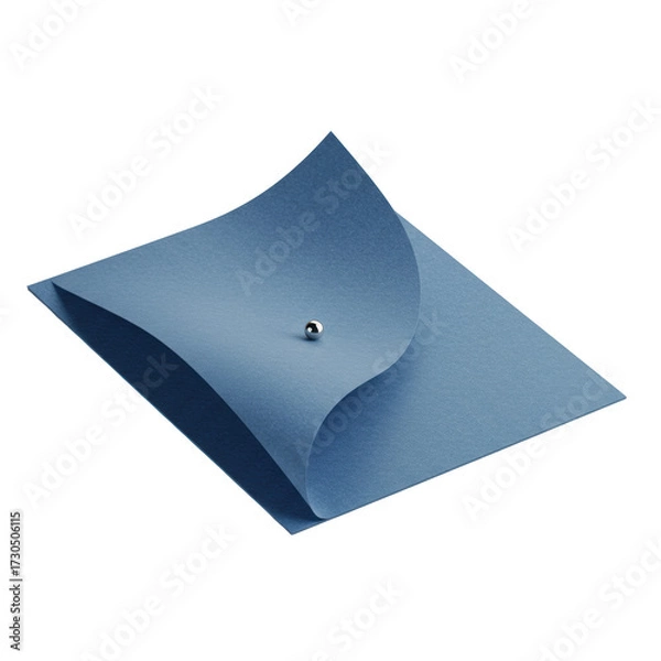 Fototapeta Rectangular blue textured paper with elegant organic folds and intricate grain, tiny polished silver sphere resting, isolated on clean transparent background. Concept of minimalist elegance.