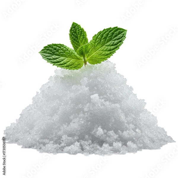 Fototapeta Close-up macro of finely crushed ice mound with intricate textures and vibrant emerald green mint leaf at apex, isolated on transparent, bright studio light, elegant beverage advertising concept