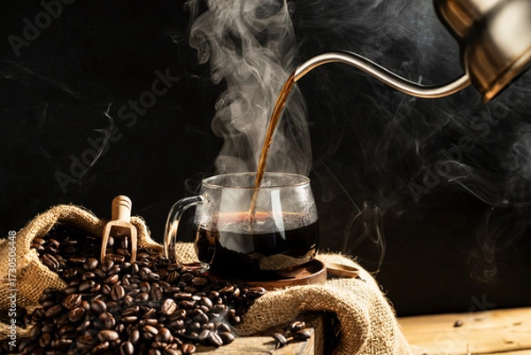 Fototapeta Pour hot coffee into a coffee cup With roasted coffee beans arranged on a table on a black and dark background.