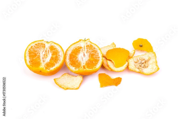 Fototapeta Orange with peel and seeds separated on white background - top view