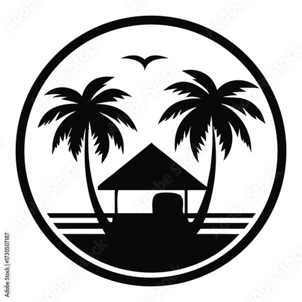 Obraz Stylized black and white emblem depicting a serene tropical beach with palm trees, a relaxing cabana, and a soaring bird, ideal for travel branding