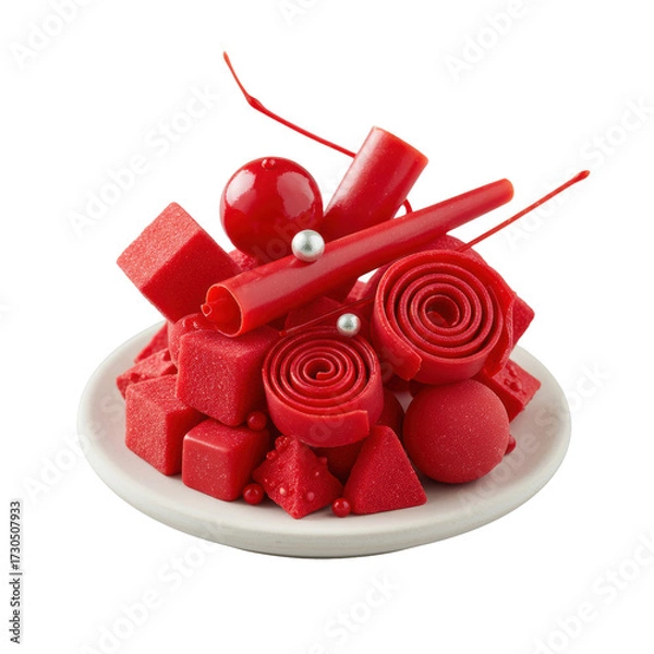 Fototapeta Gourmet bright red confectionery decorations, geometric shapes, sugar ribbons, and a silver pearl on a white plate, isolated on transparent background. Concept of culinary artistry