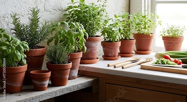 Obraz Vibrant collection of potted herbs and plants thriving indoors near a sunny window with fresh produce.
