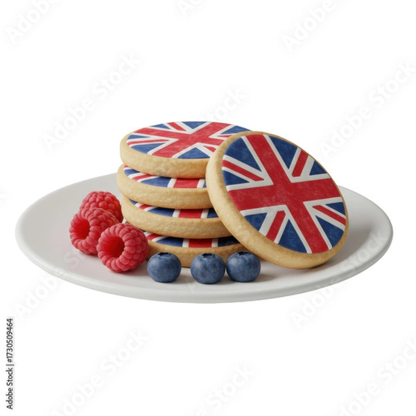 Fototapeta Three stacked shortbread cookies with Union Jack flags, fresh raspberries & blueberries on white plate, isolated transparent background, studio macro shot, no shadows. Food advertising concept