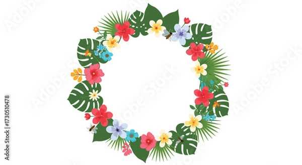 Obraz A vibrant circular arrangement of tropical flowers and leaves forms a decorative wreath.