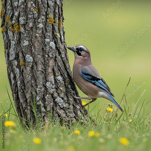 Fototapeta Jay Bird Perched on Tree Trunk.