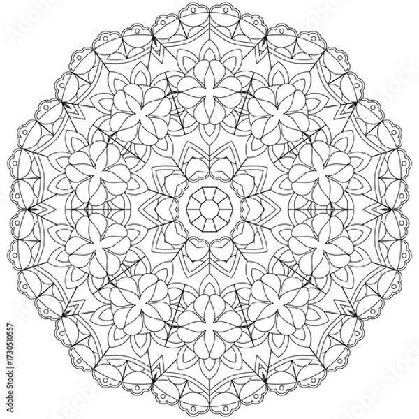 Fototapeta Asian floral mandala for adults coloring book. Vector ethnic circular ornament. Black and white linear illustration
