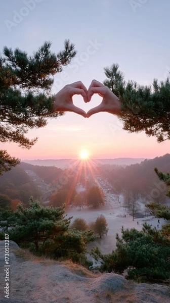Obraz Hands Forming Heart Shape Over Sunset Scenery with Forest Silhouette and Pink Sky