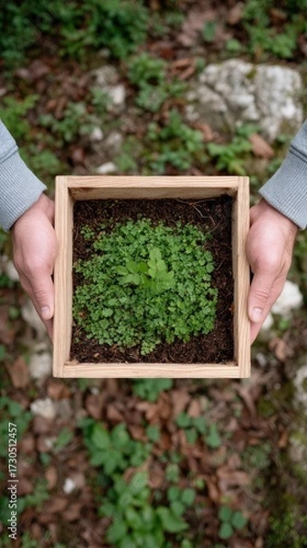 Obraz Hands Holding Sapling in Wooden Planter in Nature with Blurred Background