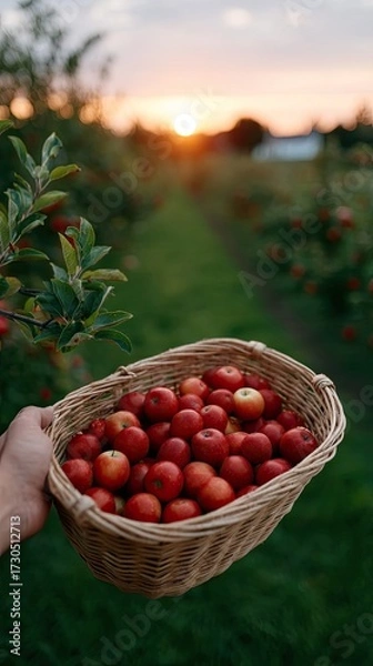 Obraz Hand Holding Basket of Red Apples in Orchard at Sunset Golden Hour Lighting