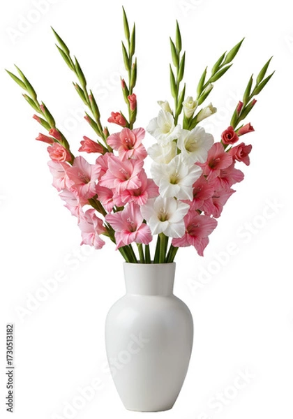 Fototapeta transparent modern vase with a vibrant bouquet of pink and white gladiolus, shot at 45-degrees against a transparent studio background, concept of elegant floral design