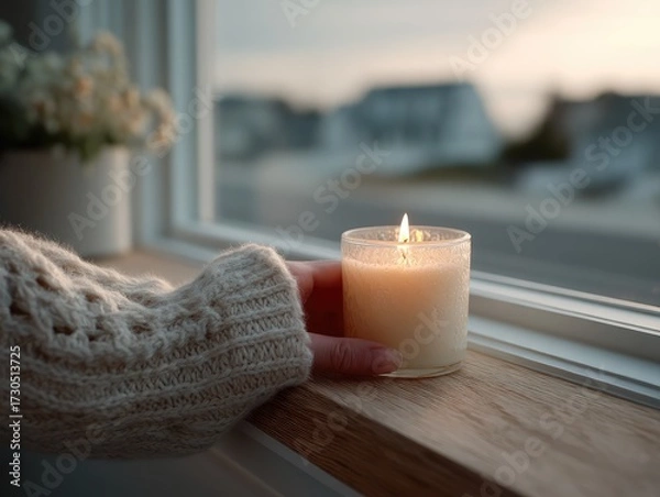 Obraz Hand Touching Lit Candle on Wooden Window Sill with Cozy Sweater Soft Lighting and Blurred Background