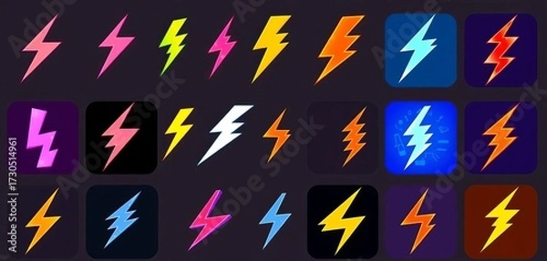 Fototapeta Collection of stylized lightning bolt icons, various designs and angles,  danger,  yellow