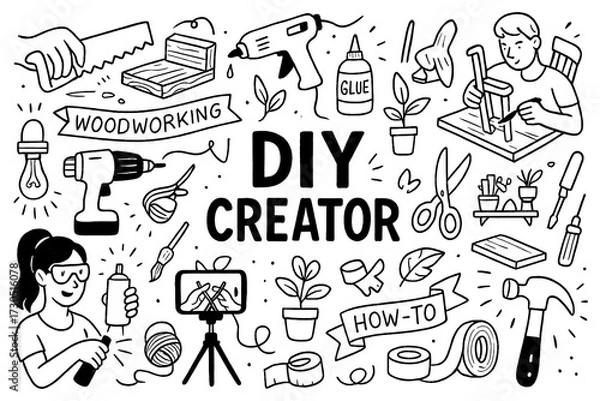 Fototapeta doodle composition with diy creator tools and crafting elements, Transparent Background