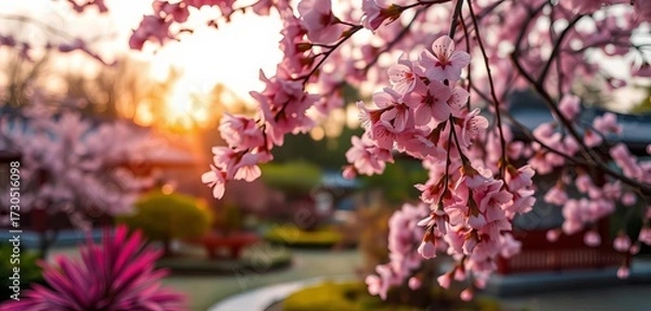 Fototapeta Soft pink cherry blossoms falling on a blurred background of a Japanese garden at sunset,  vibrant,  bokeh