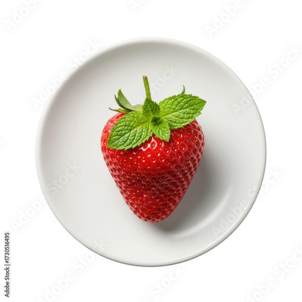 Fototapeta Perfectly ripe red strawberry with green mint leaf on white plate, isolated on transparent. Top-down, high-key studio macro shot, shadowless, concept of natural beauty and elegance