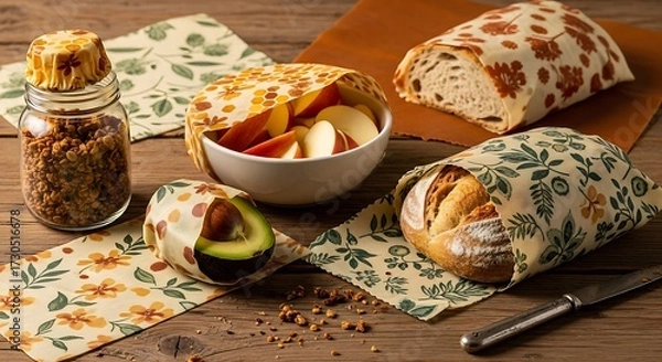 Obraz Fresh fruit and avocado wraps prepared with sustainable reusable food wraps on wooden table.