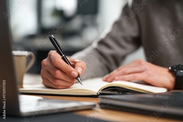 Fototapeta Professional Businessperson Handwriting in Notebook at Desk with Laptop and Coffee Mug