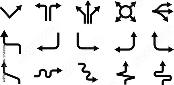 Fototapeta Minimalist black marker arrow overlay set, 15 hand-drawn directional arrows in various simple shapes for design, notes, and highlights