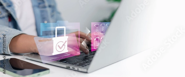 Fototapeta Data Security and File Protection on Laptop with Digital Lock Icon