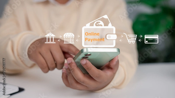 Fototapeta Online Payment and Mobile Banking with Digital Wallet on Smartphone