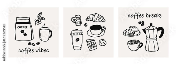 Fototapeta Set of whimsical card with coffee line art doodle sketch. Whimsy breakfast with coffee cup. Greeting card french brunch coquette vector outline illustration
