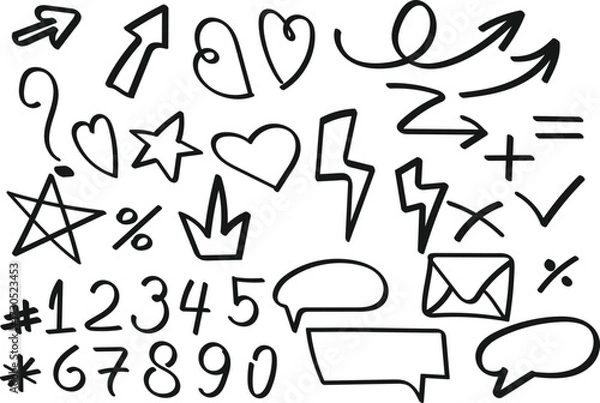 Fototapeta Playful doodle icon set hand-drawn arrows, hearts, stars, lightning bolts, checkmarks, bubbles, numbers, and casual marker scribbles