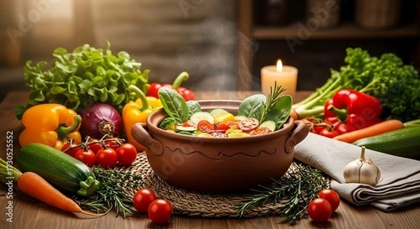 Obraz Hearty and healthy vegetable stew with candlelight and fresh ingredients.