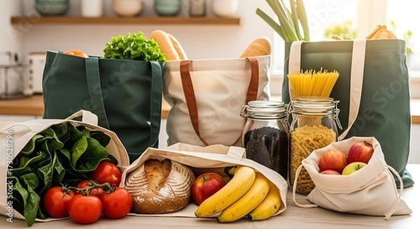 Obraz Fresh groceries freshly bought and ready to be prepared for healthy meals at home.