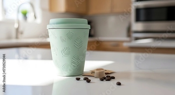 Obraz Light green reusable coffee cup with scattered coffee beans on a kitchen counter.