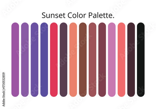 Fototapeta Sunset color palette with purple, red, pink, orange, brown, and black shades. Warm gradient tones for design inspiration, digital art, branding, fashion, creative projects, web templates, and modern a